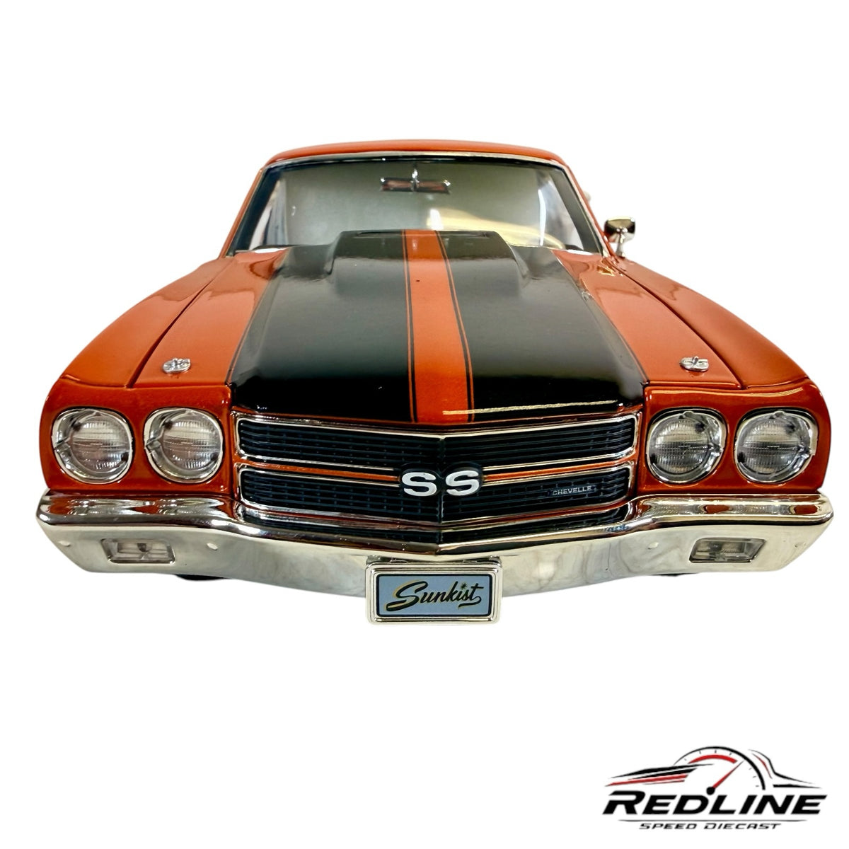 Redline Speed Diecast 1970 Chevrolet Chevelle SS model car in Sunkist orange with black racing stripes, front view.