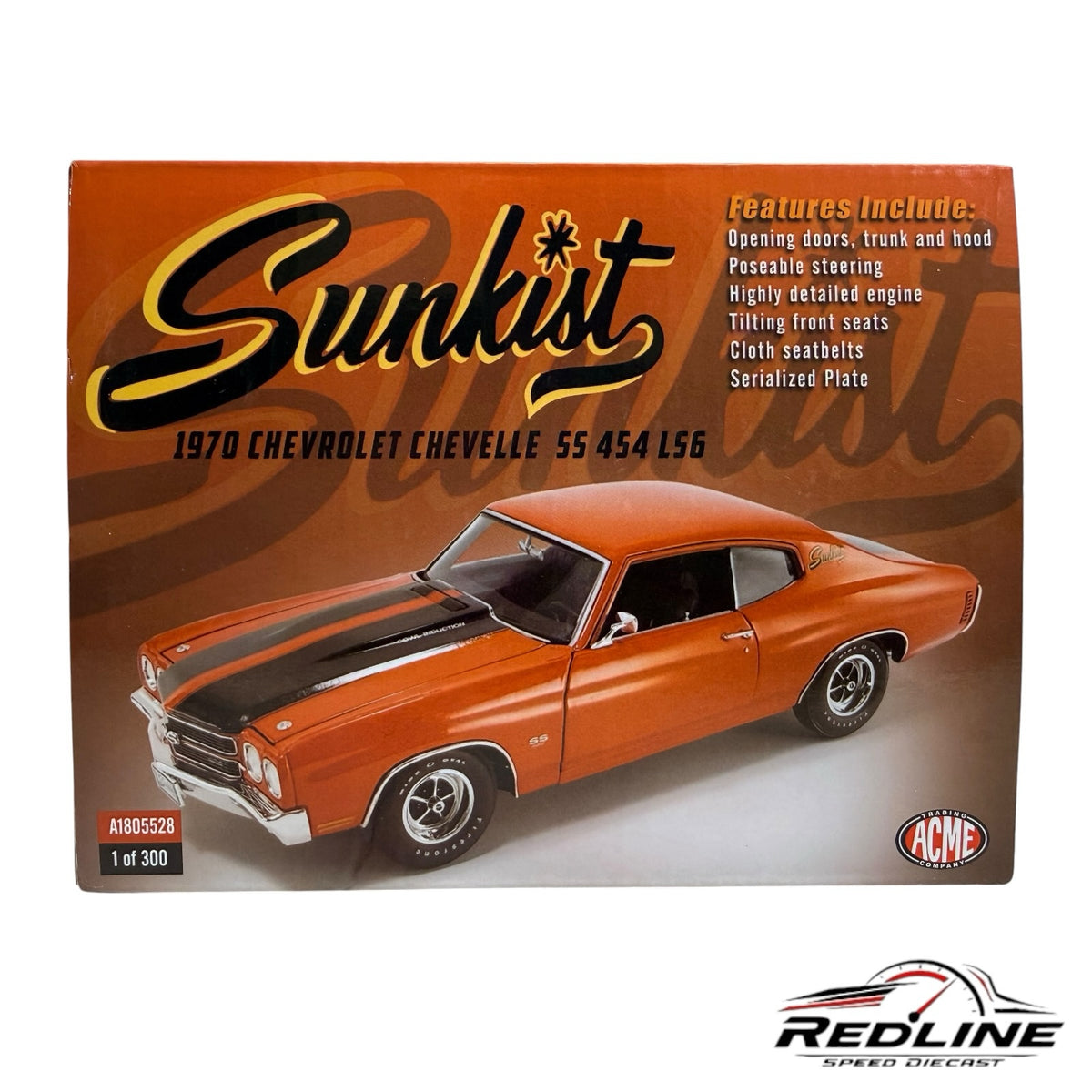 Redline Speed Diecast 1970 Chevrolet Chevelle SS 454 LS6 model car in Sunkist orange with black racing stripes