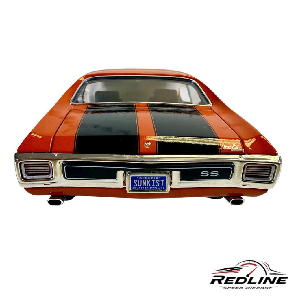 Redline Speed Diecast 1970 Chevrolet Chevelle SS model car in Sunkist orange with black racing stripes, rear view.