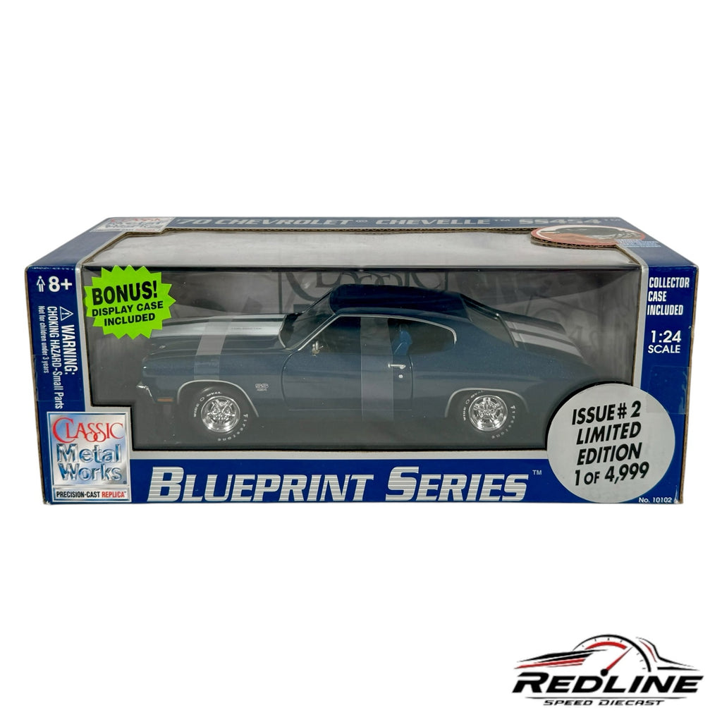 Redline Speed Diecast 1:24 scale 1970 Chevrolet Chevelle SS454 model car in Fathom Blue inside its display box.