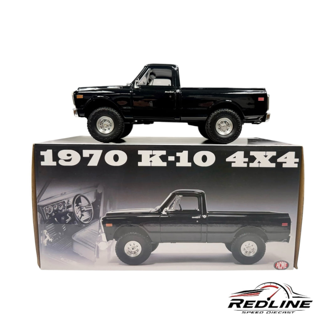 Redline Speed Diecast 1970 Chevrolet K-10 4x4 black pickup truck model sitting on its branded display box