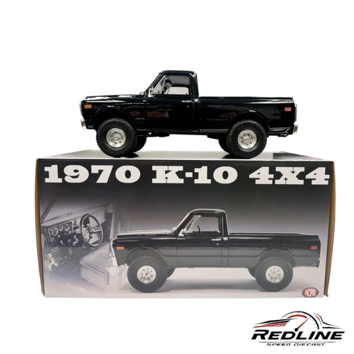 Redline Speed Diecast 1970 Chevrolet K-10 4x4 black pickup truck model sitting on its branded display box