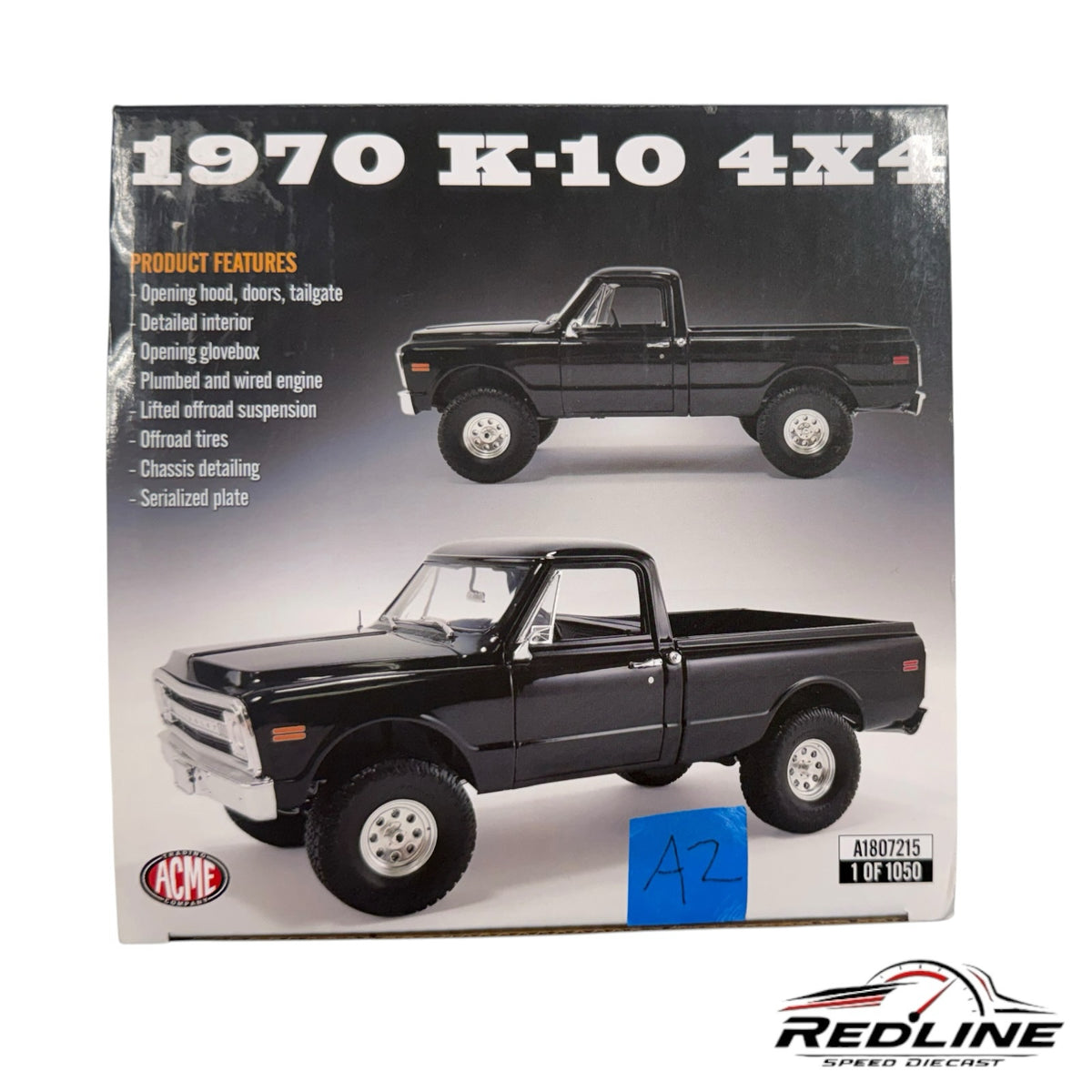 Redline Speed Diecast 1970 Chevrolet K-10 4x4 black pickup truck model in its collector box with product features.