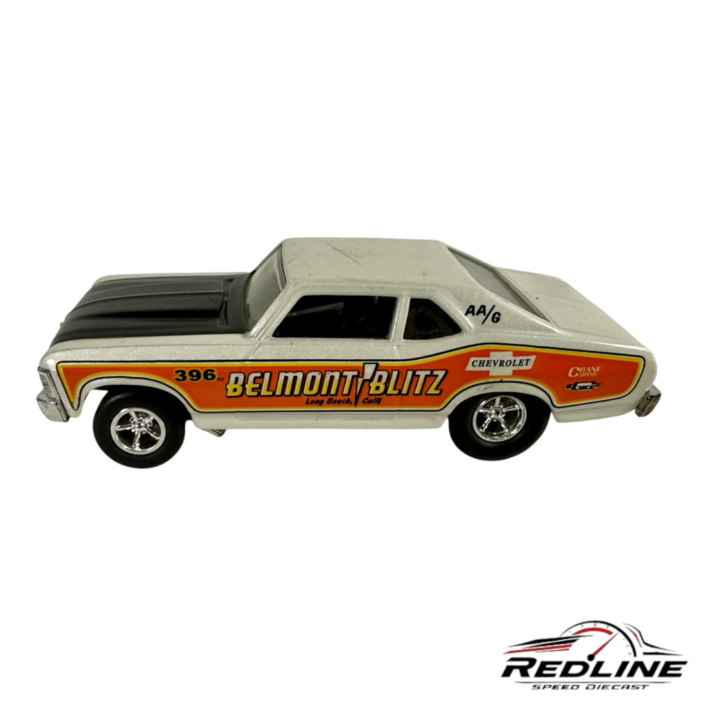 Redline Speed Diecast 1970 Chevrolet Nova drag racing model in white and black with Belmont Blitz graphics.