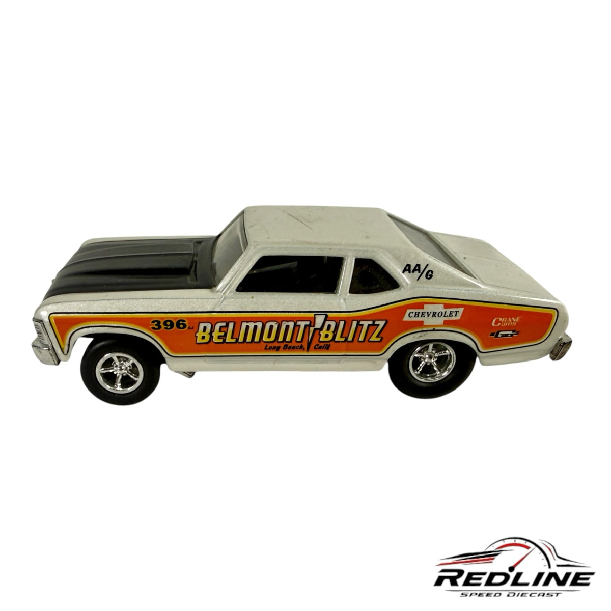 Redline Speed Diecast 1970 Chevrolet Nova drag racing model in white and black with Belmont Blitz graphics.