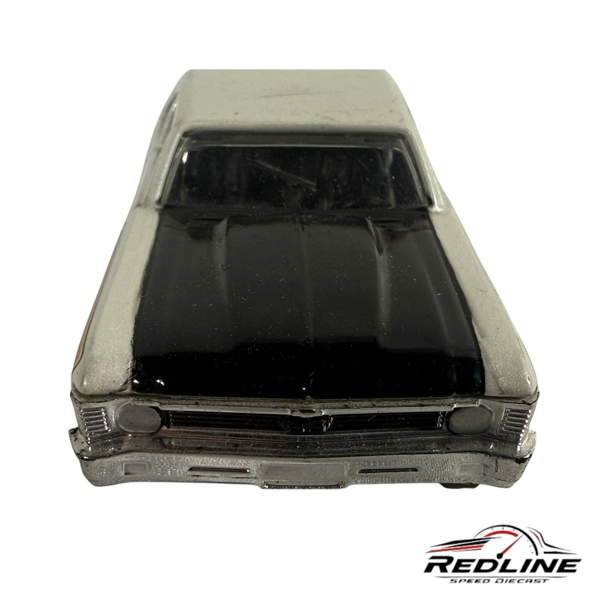Redline Speed Diecast 1970 Chevrolet Nova drag racing model with a white and black two-tone finish and chrome bumper.