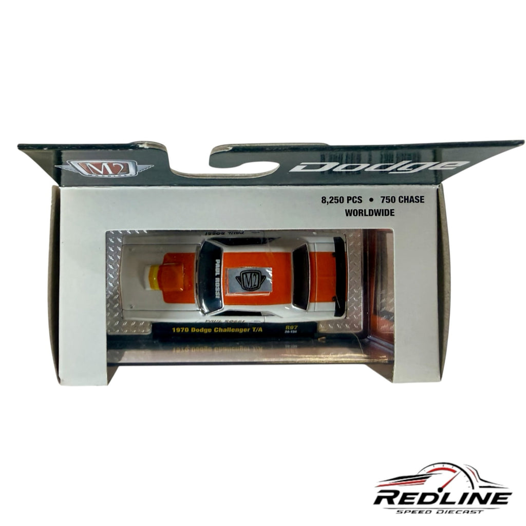 Redline Speed Diecast M2 Machines 1970 Dodge Challenger T/A in white and orange in original display packaging