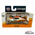 Redline Speed Diecast M2 Machines 1970 Dodge Challenger T/A in white and orange with Paul Rossi racing graphics