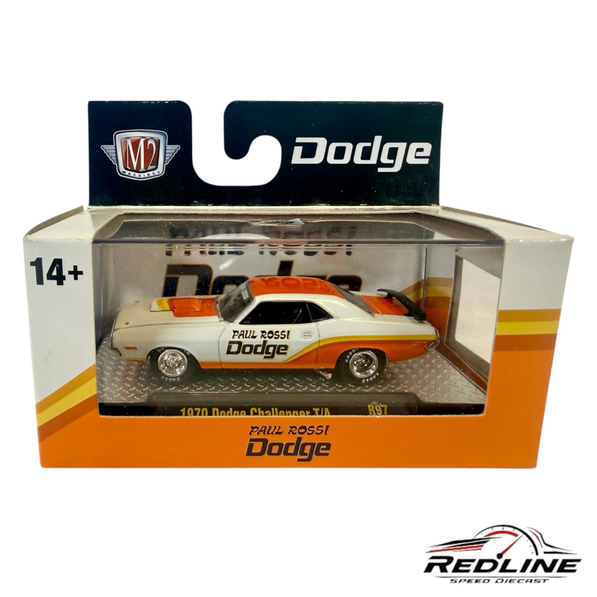 Redline Speed Diecast M2 Machines 1970 Dodge Challenger T/A in white and orange with Paul Rossi racing graphics