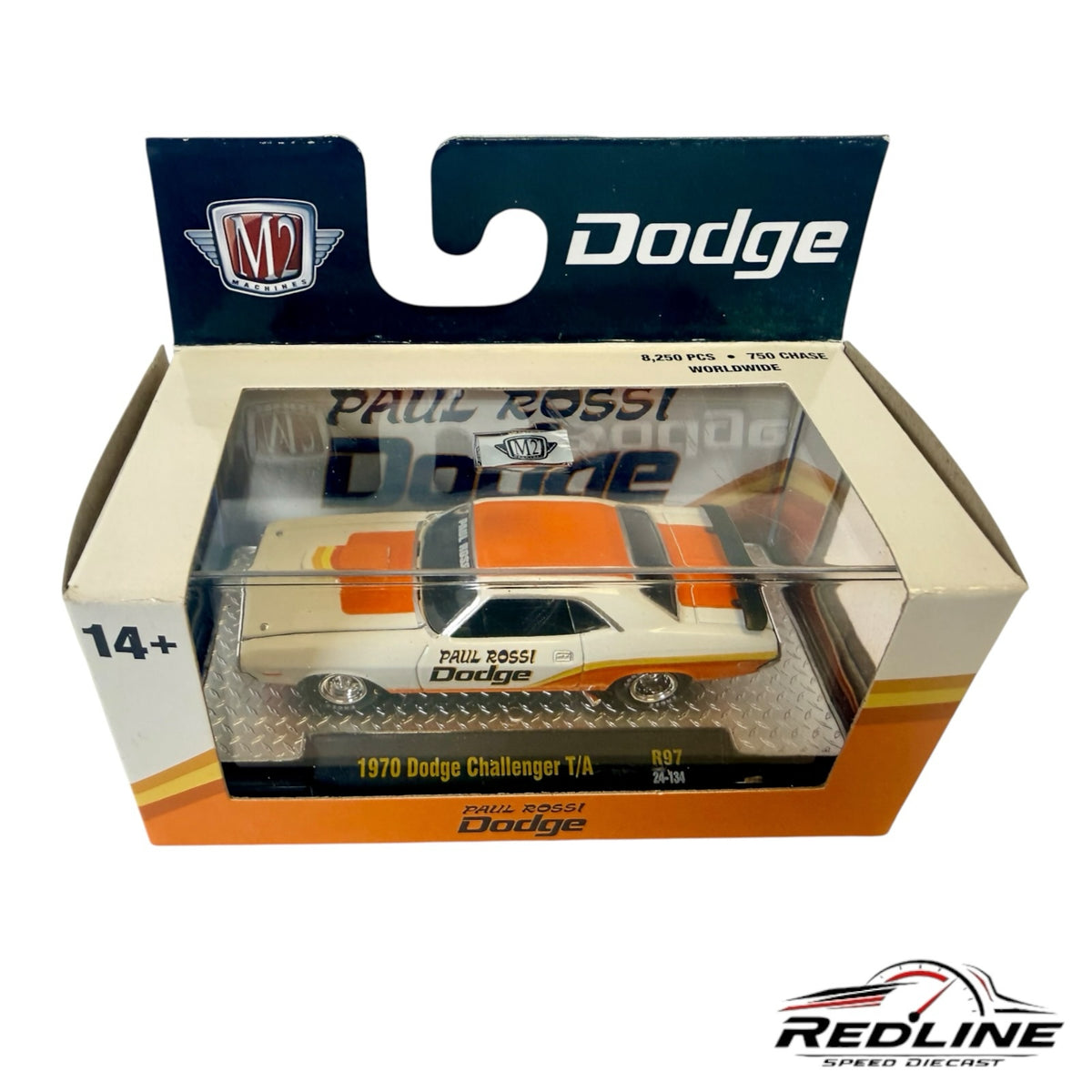 Redline Speed Diecast M2 Machines 1970 Dodge Challenger T/A in white and orange in original display packaging