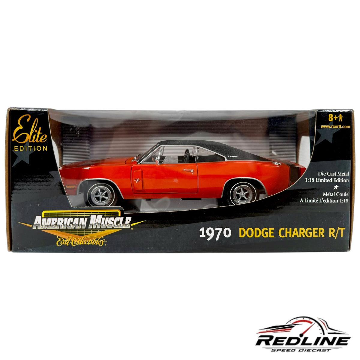 Redline Speed Diecast 1:18 scale 1970 Dodge Charger R/T model in orange with black roof in original display box