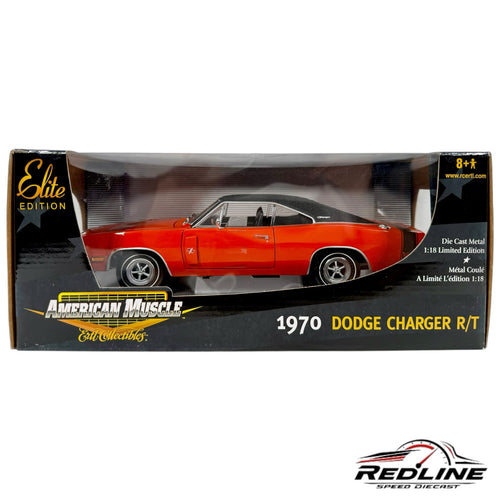 Redline Speed Diecast 1:18 scale 1970 Dodge Charger R/T model in orange with black roof in original display box