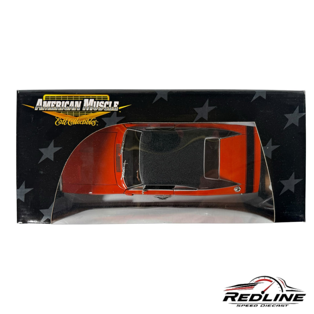 Redline Speed Diecast 1970 Dodge Charger R/T model in orange with black roof inside its American Muscle display box