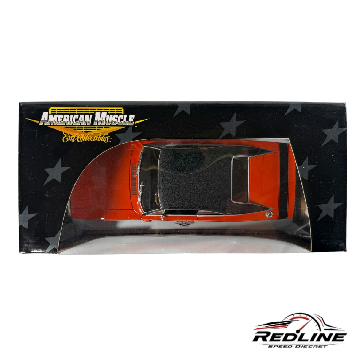 Redline Speed Diecast 1970 Dodge Charger R/T model in orange with black roof inside its American Muscle display box