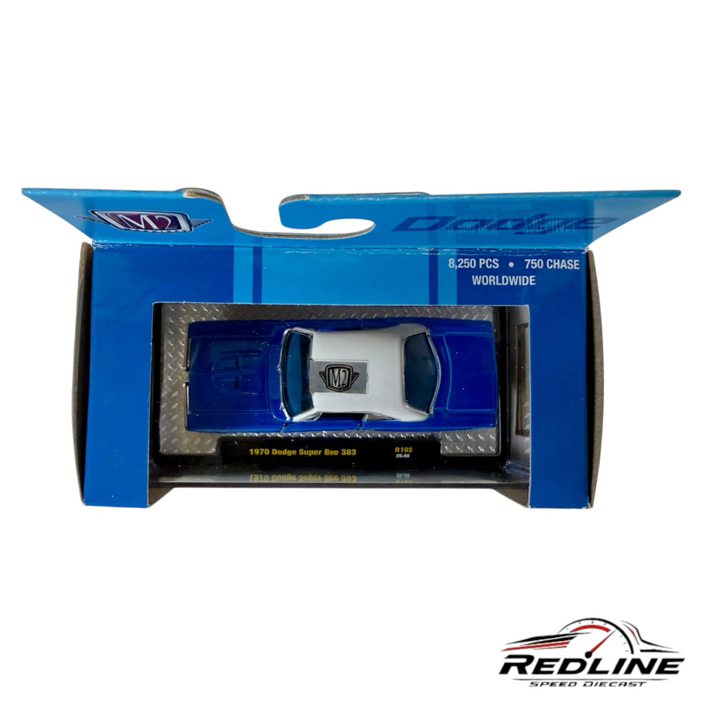 Redline Speed Diecast 1970 Dodge Super Bee 383 model in blue and white, displayed in original collector packaging.