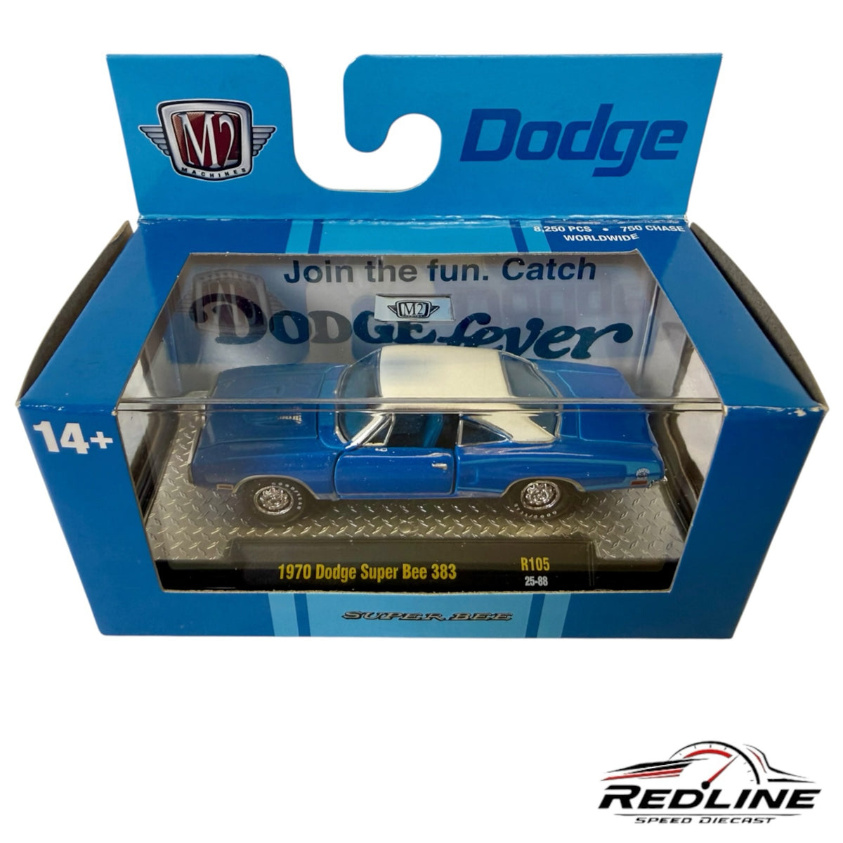 Redline Speed Diecast 1970 Dodge Super Bee 383 model in blue with white roof in original collector packaging
