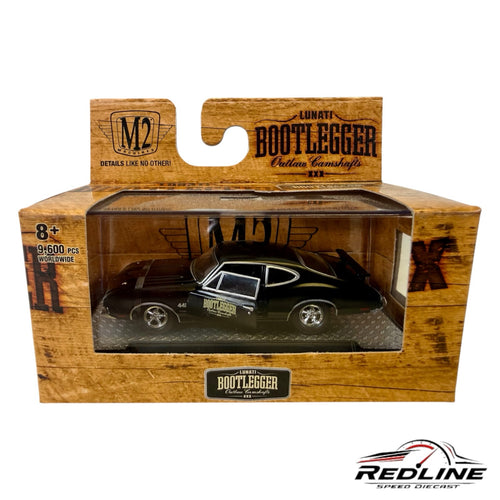 Redline Speed Diecast M2 Machines 1970 Oldsmobile Cutlass 442 W-30 black diecast car in rustic Lunati Bootlegger box