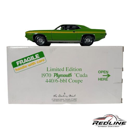Redline Speed Diecast 1970 Plymouth Cuda diecast model in green with side stripes displayed on its original box