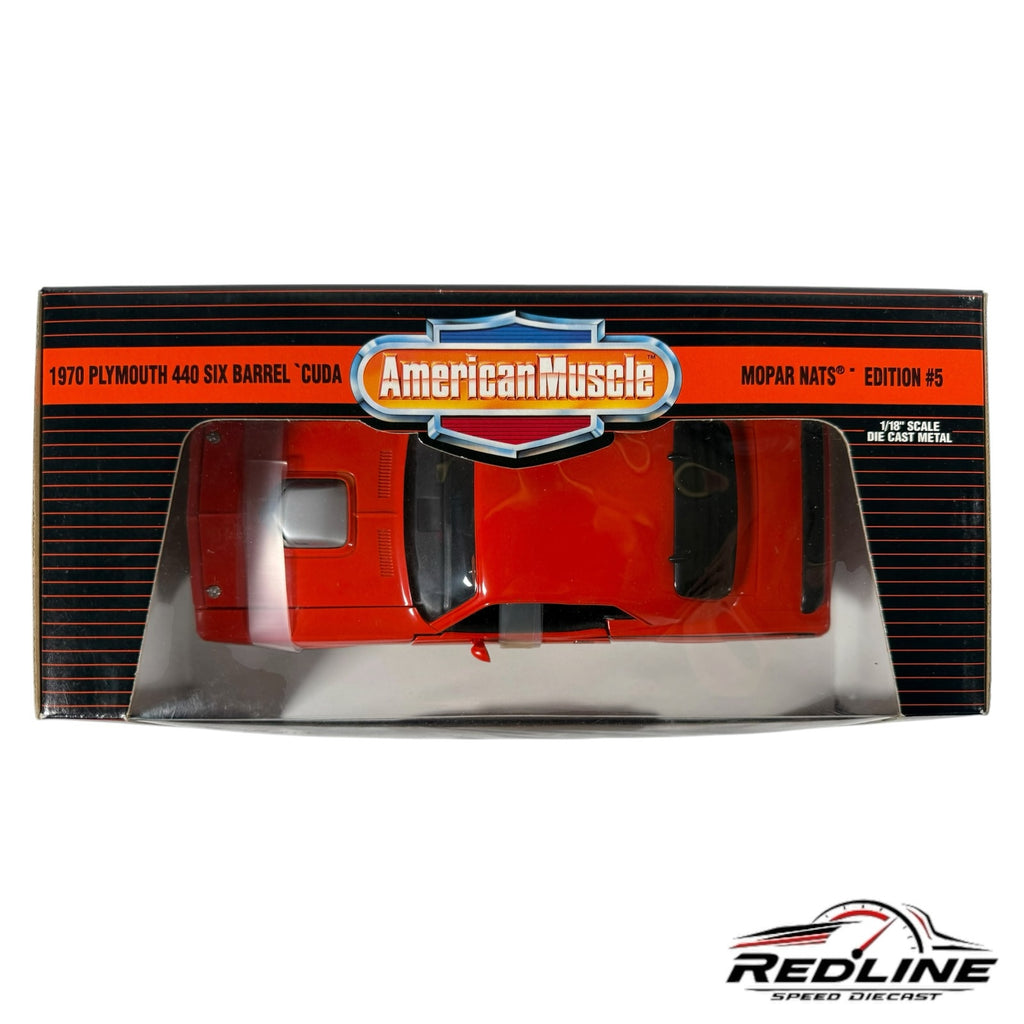 Redline Speed Diecast 1:18 scale 1970 Plymouth 440 Six Barrel Cuda model car in red, displayed in original packaging.