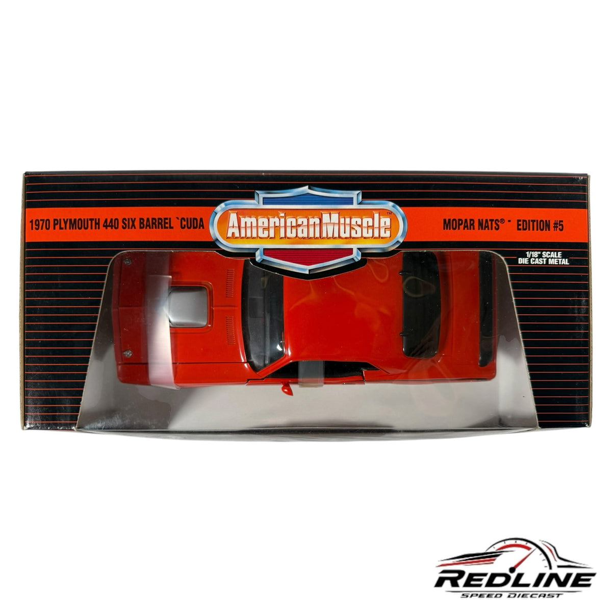 Redline Speed Diecast 1:18 scale 1970 Plymouth 440 Six Barrel Cuda model car in red, displayed in original packaging.