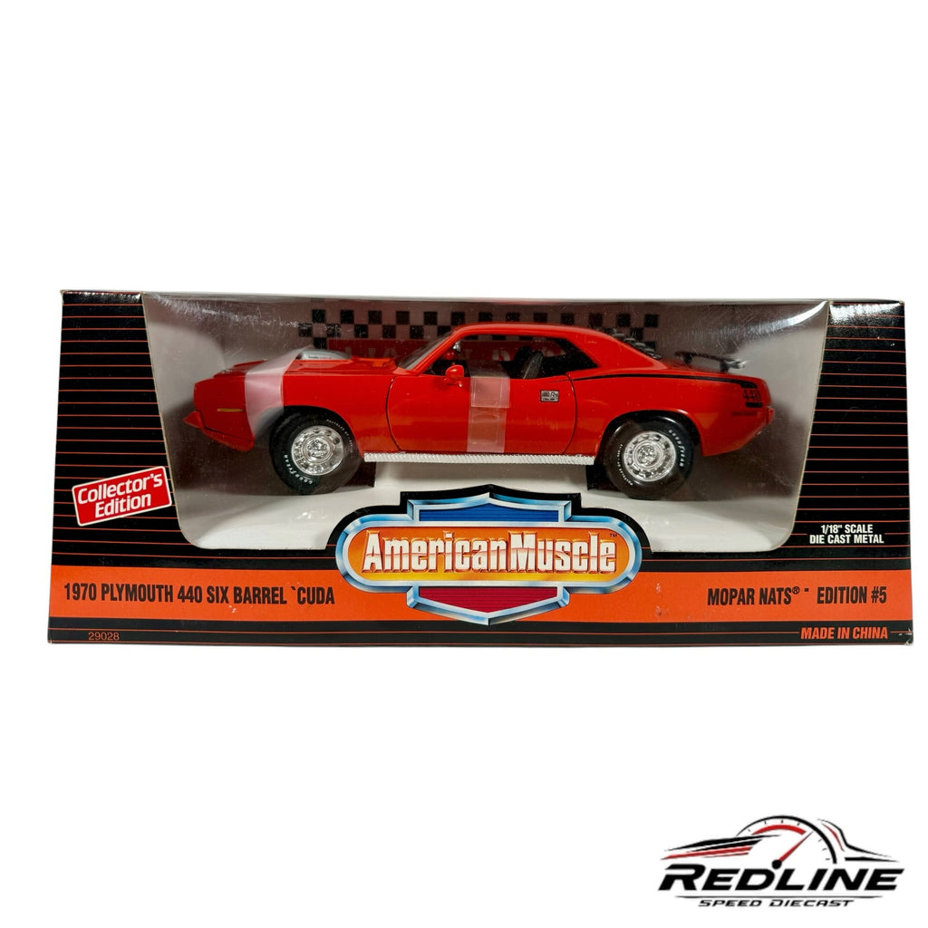 Redline Speed Diecast 1:18 scale 1970 Plymouth 440 Six Barrel Cuda model car in vibrant red in original packaging.