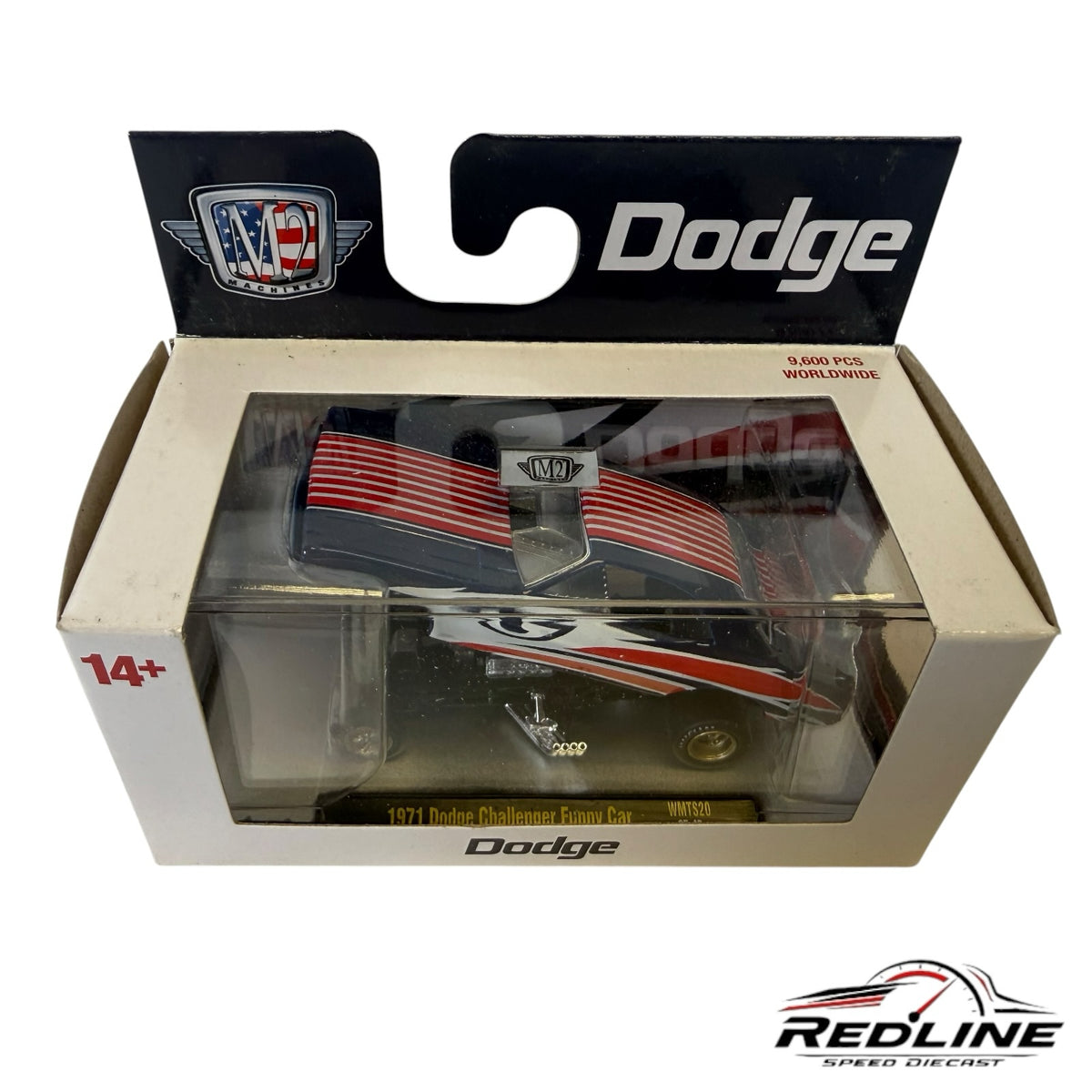 Redline Speed Diecast 1971 Dodge Challenger Funny Car in patriotic red, white, and blue livery in original packaging.