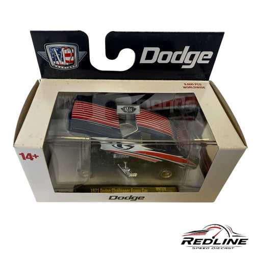 Redline Speed Diecast 1971 Dodge Challenger Funny Car in patriotic red, white, and blue livery in original packaging.