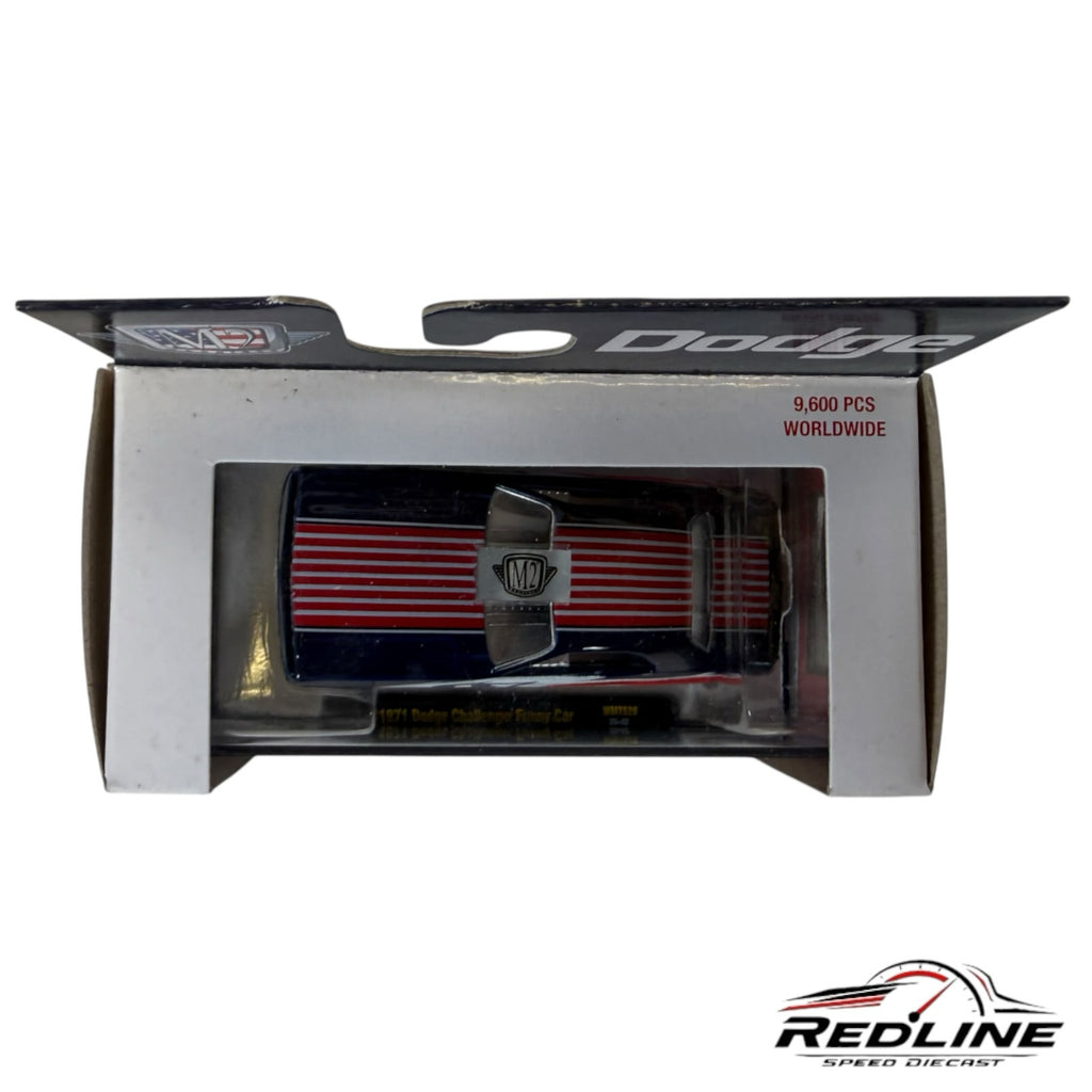 Redline Speed Diecast 1:64 scale 1971 Dodge Challenger Funny Car in patriotic red, white, and blue livery in packaging