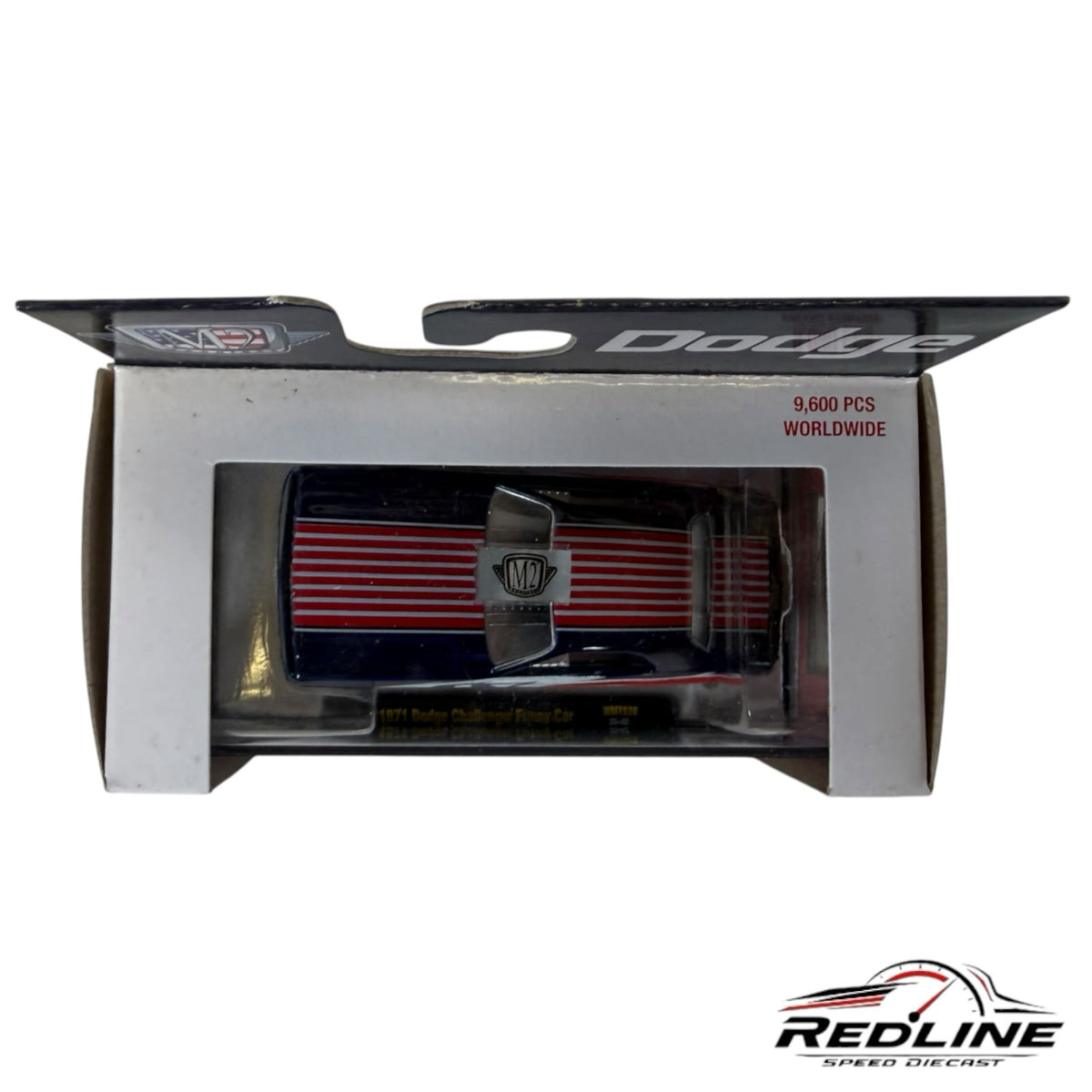 Redline Speed Diecast 1:64 scale 1971 Dodge Challenger Funny Car in patriotic red, white, and blue livery in packaging