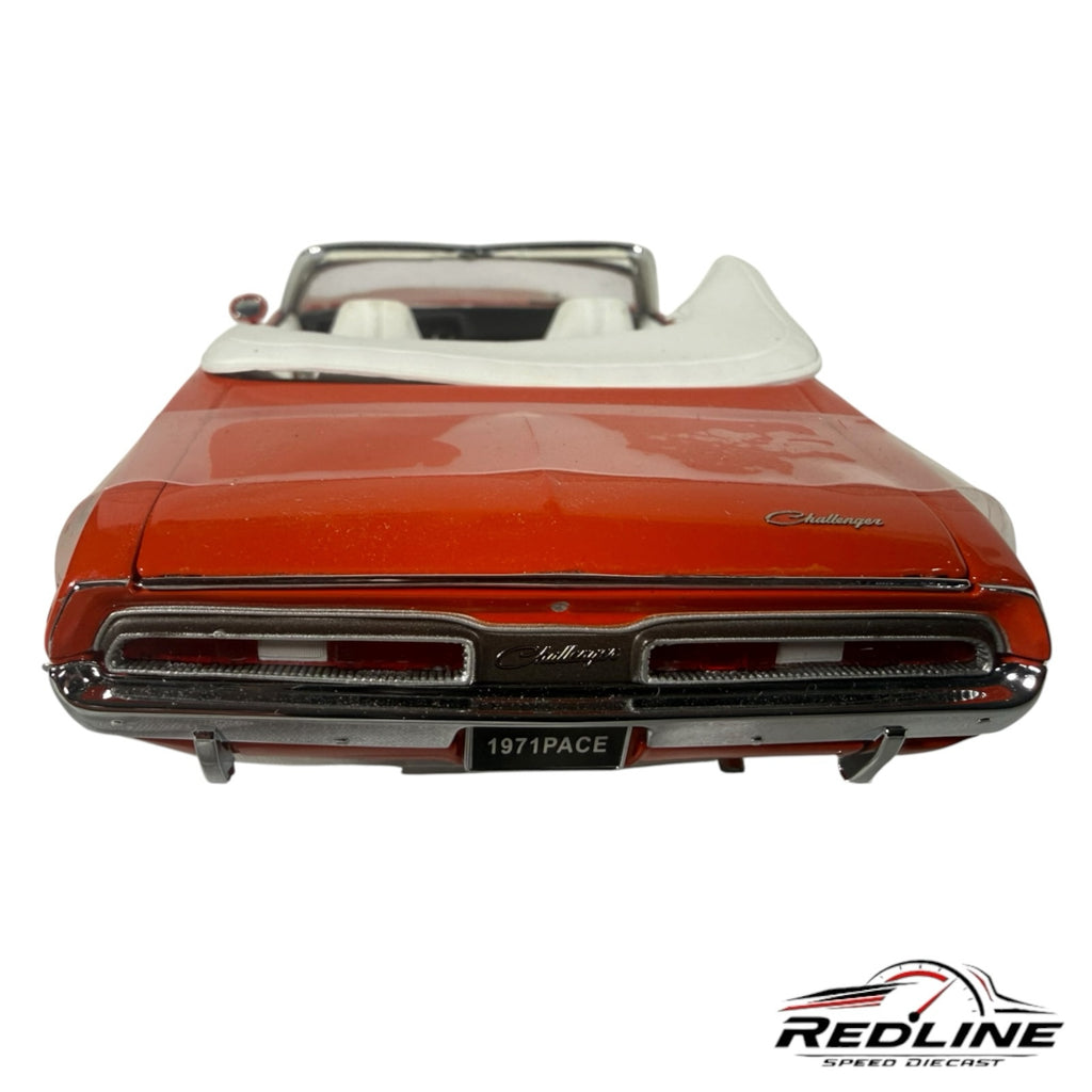 Redline Speed Diecast 1971 Dodge Challenger Indianapolis Pace Car model, rear view showing red paint and 1971PACE plate