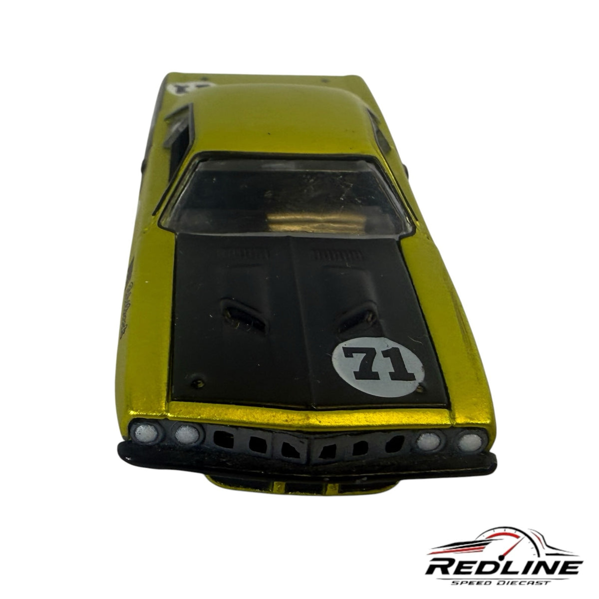 Redline Speed Diecast 1971 Plymouth Cuda model car in metallic lime green and black with number 71 racing decals