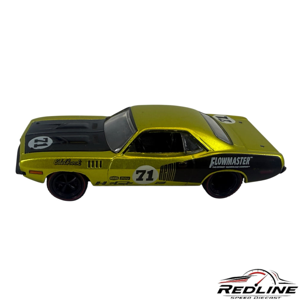 Redline Speed Diecast 1971 Plymouth Cuda model car in metallic lime green and black with racing decals