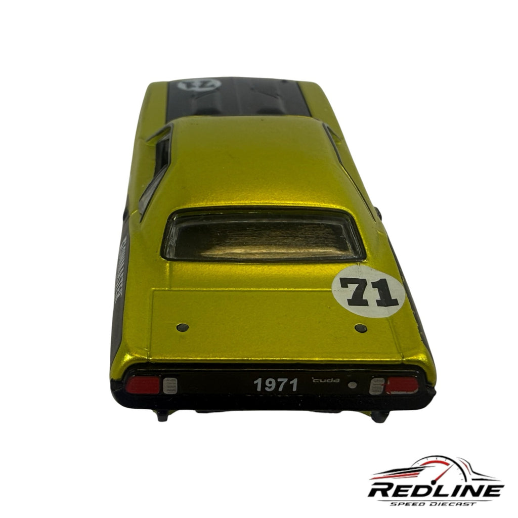 Redline Speed Diecast 1971 Plymouth Cuda model car in metallic lime green with black racing stripes and number 71