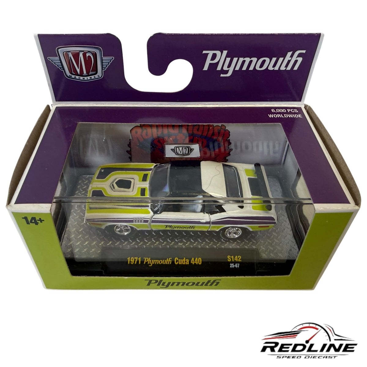 Redline Speed Diecast 1971 Plymouth Cuda 440 model in white, lime green, and purple in original display packaging.