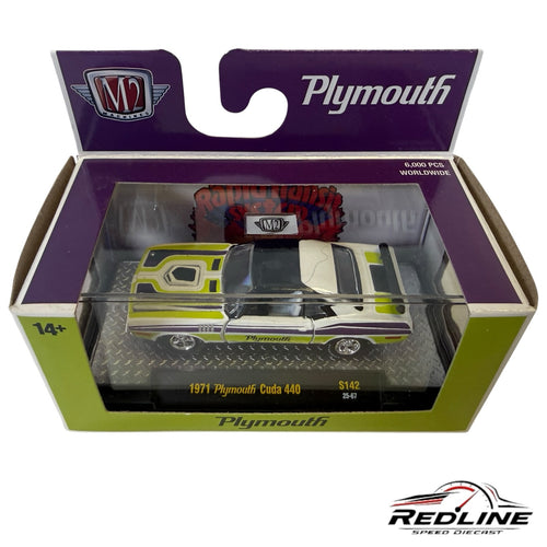 Redline Speed Diecast 1971 Plymouth Cuda 440 model in white, lime green, and purple in original display packaging.