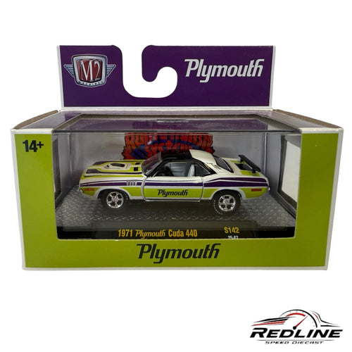Redline Speed Diecast 1971 Plymouth Cuda 440 model in white, lime green, and purple in a display box.