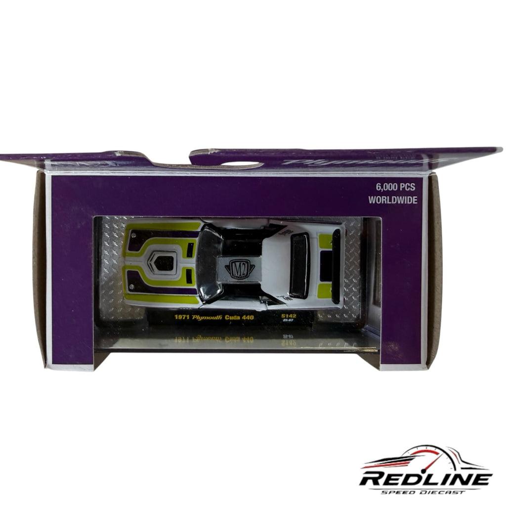 Redline Speed Diecast 1971 Plymouth Cuda 440 model in white, lime green, and purple in its collector display box