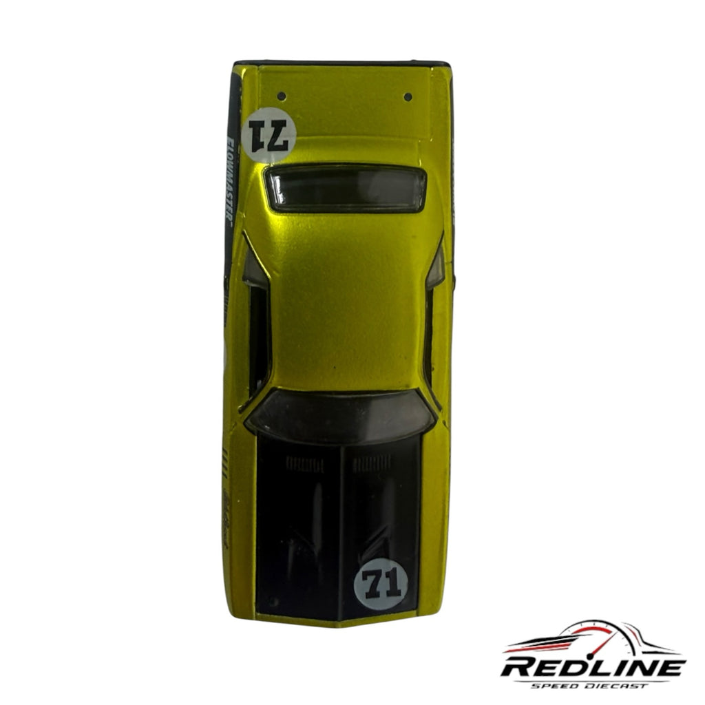 Redline Speed Diecast 1971 Plymouth Cuda model car in metallic lime green and black with racing decals, top view