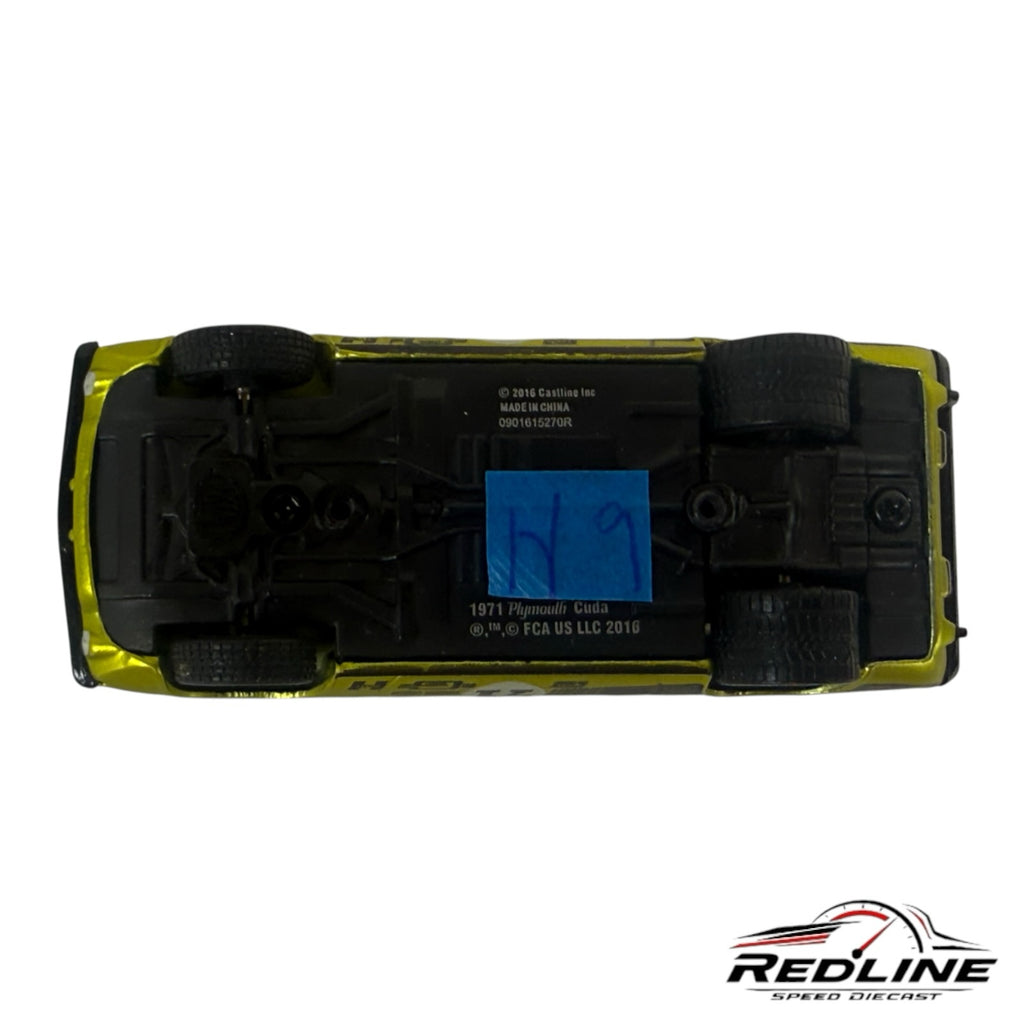 Underside view of a Redline Speed Diecast 1971 Plymouth Cuda model car featuring a lime green and black metal chassis.