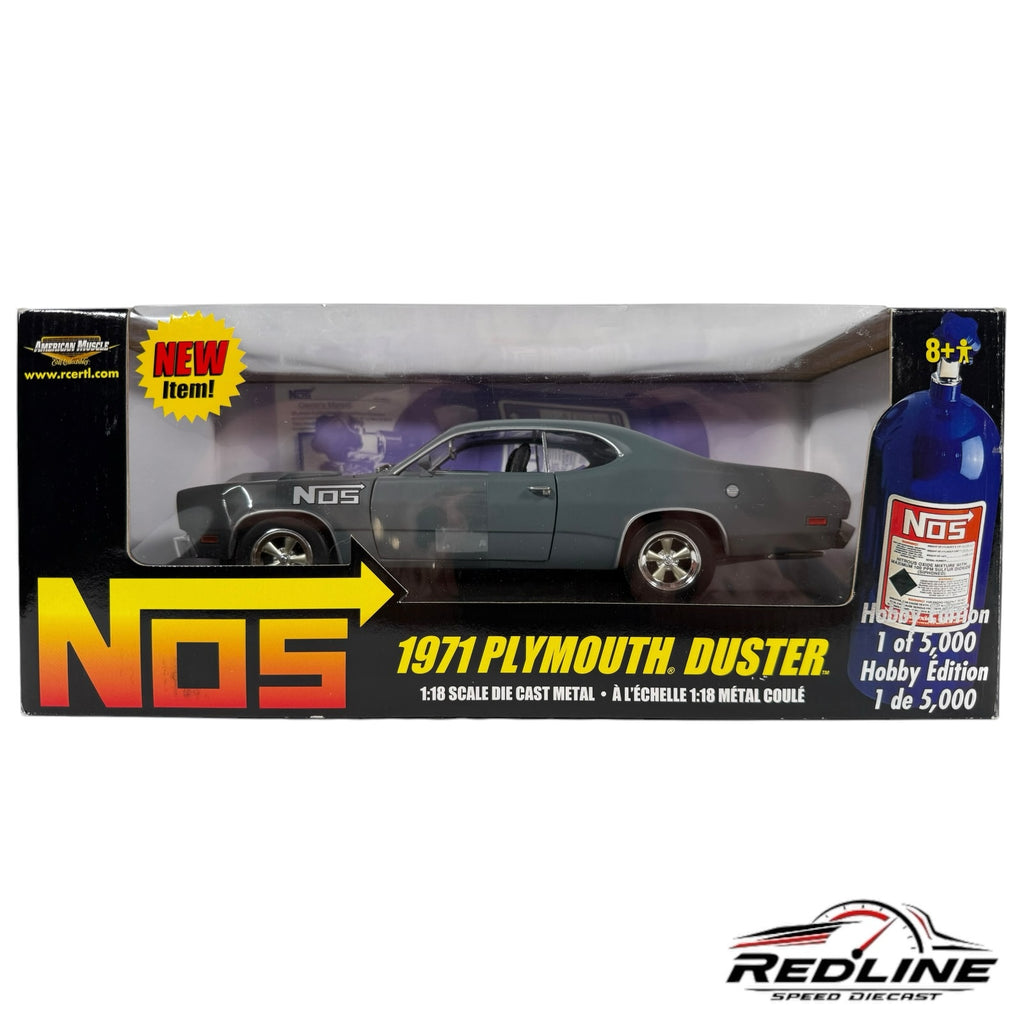 Redline Speed Diecast 1:18 scale 1971 Plymouth Duster model car in grey with NOS branding in original display box
