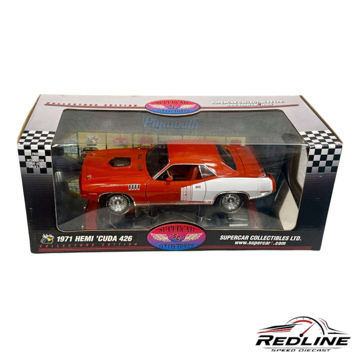 Redline Speed Diecast 1:18 scale 1971 Plymouth Hemi Cuda 426 model in orange and white in its original display box