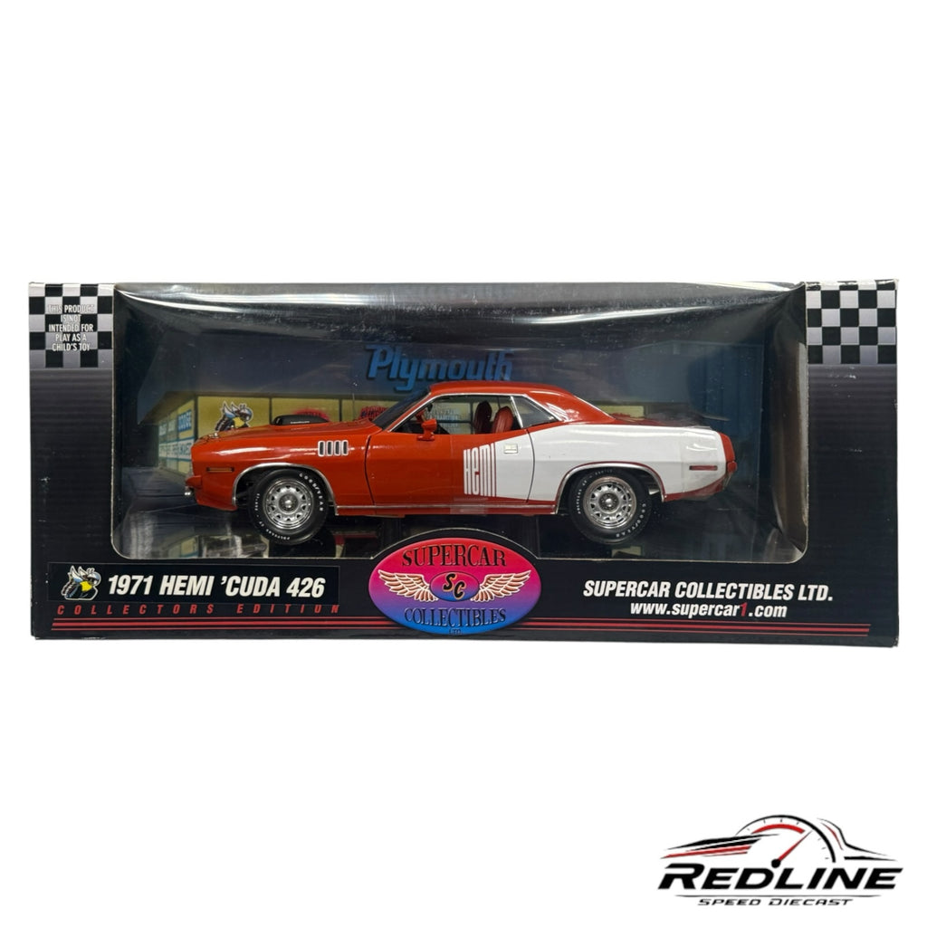 Redline Speed Diecast 1:18 scale 1971 Plymouth Hemi Cuda 426 model car in orange and white in original display box.