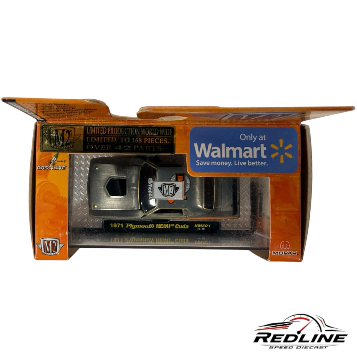 Redline Speed Diecast 1971 Plymouth Hemi Cuda 1:64 scale model in original blister packaging with display base