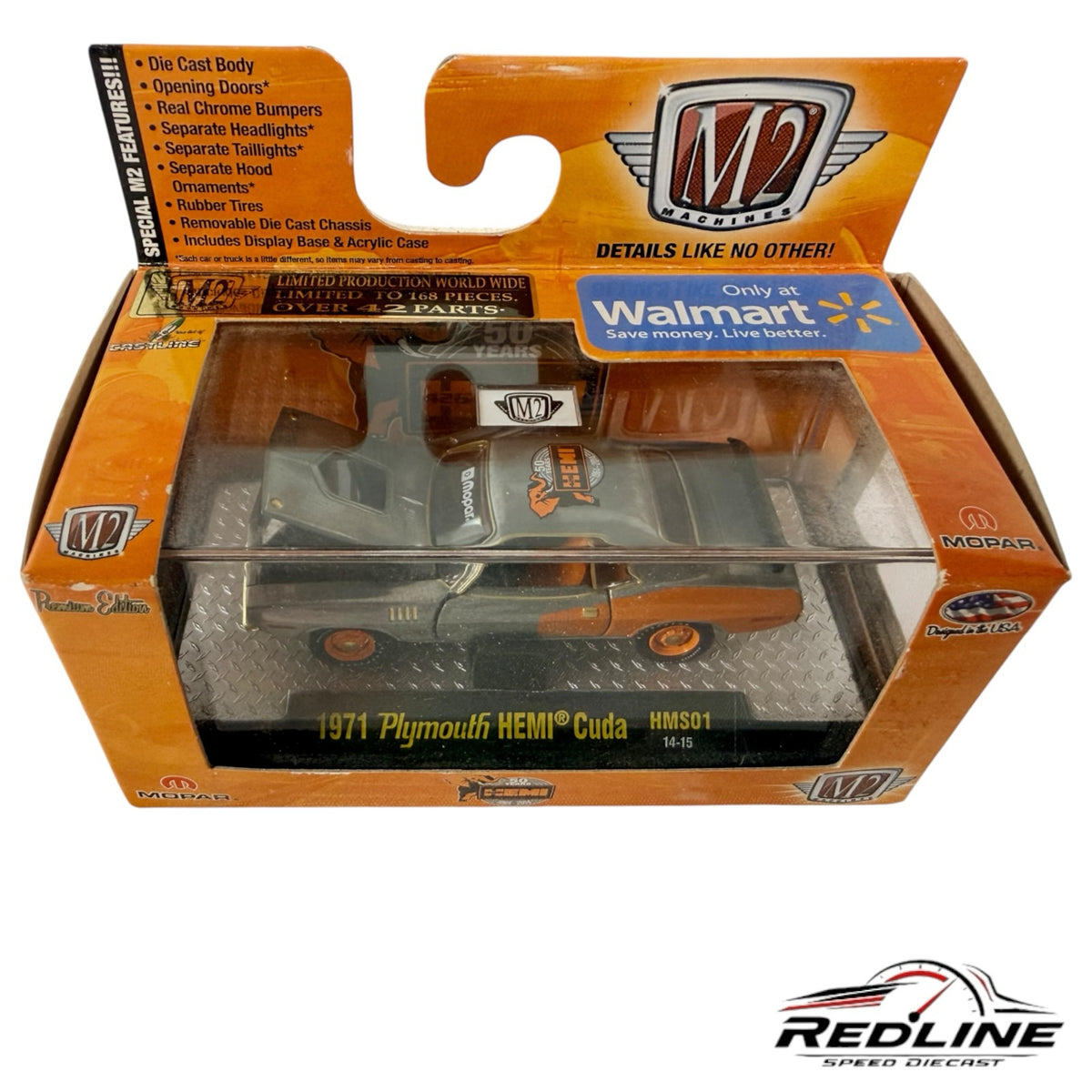 Redline Speed Diecast M2 Machines 1971 Plymouth Hemi Cuda in two-tone paint, displayed in original collector packaging.