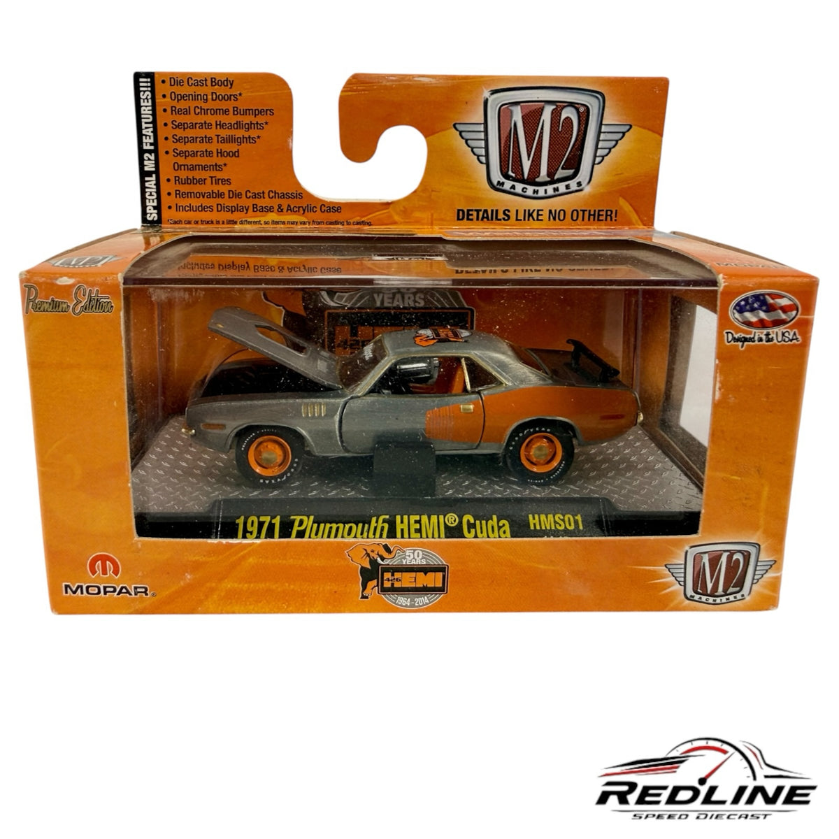 Redline Speed Diecast 1971 Plymouth Hemi Cuda model in two-tone grey and orange with opening hood in display packaging