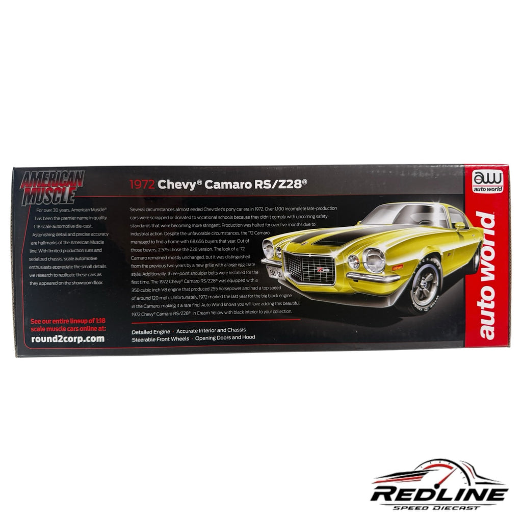 Redline Speed Diecast packaging for a 1:18 scale 1972 Chevrolet Camaro RS/Z28 model in cream with racing stripes