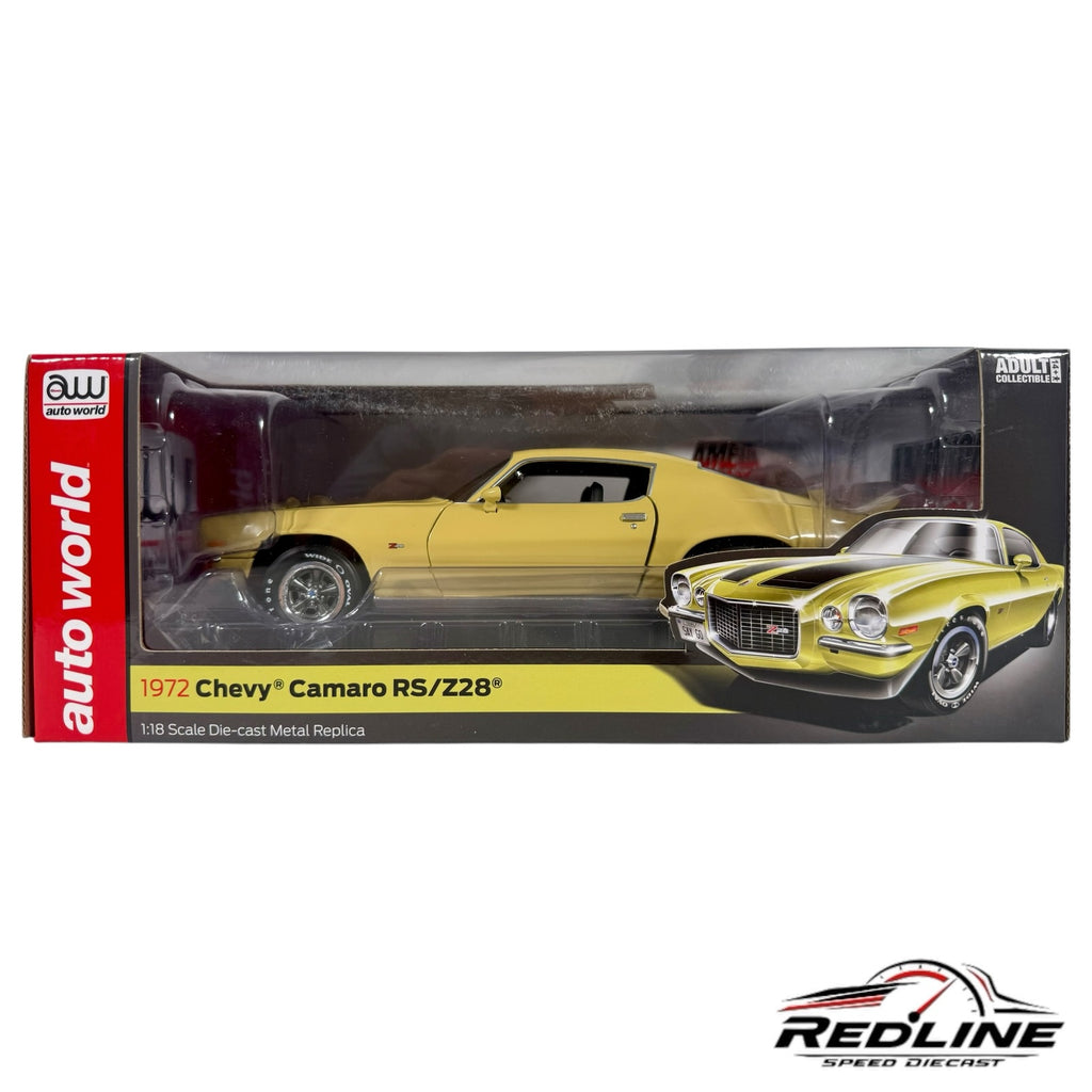 Redline Speed Diecast 1:18 scale 1972 Chevrolet Camaro RS/Z28 model in cream with racing stripes in original box