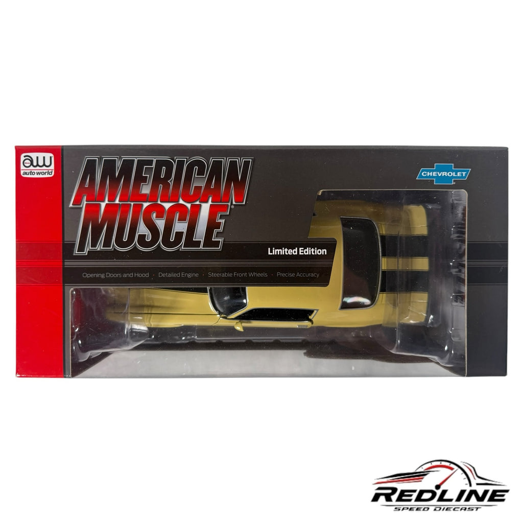 Redline Speed Diecast 1:18 scale 1972 Chevrolet Camaro RS/Z28 model in cream with black stripes in original packaging