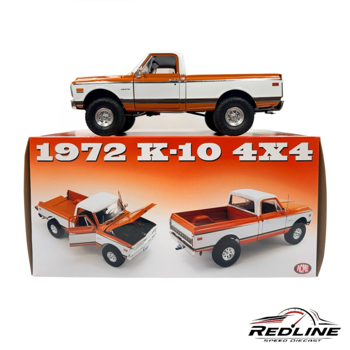 Redline Speed Diecast 1972 Chevrolet K-10 4x4 model truck in orange and white with chrome details on display box