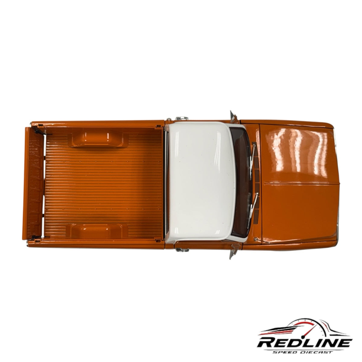 Redline Speed Diecast 1972 Chevrolet K-10 pickup truck model in orange and white, top-down view.